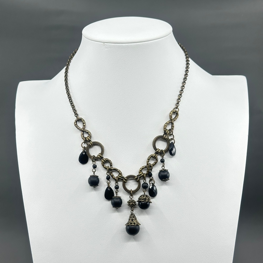 Black Bead Antique Brass Tone Charm Necklace Gothic Victorian Bold Statement VTG